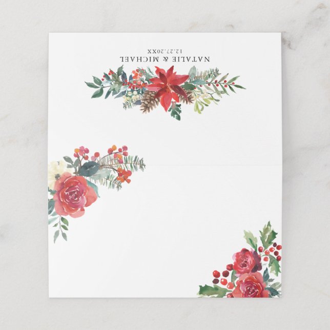 Watercolor Christmas Flowers & Pine Cones Wedding Place Card (Outside Unfolded)