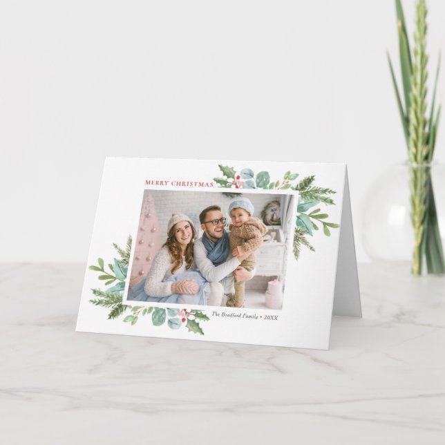 Watercolor Christmas Foliage and Holly Frame Holiday Card (Front)