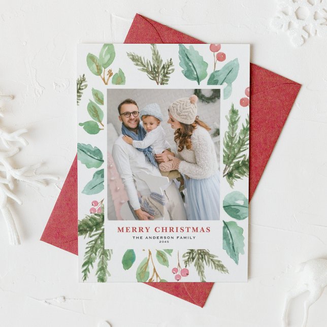 Watercolor Christmas Foliage and Holly Frame Photo Holiday Card (Customizable photo Christmas card featuring watercolor frame of winter greenery and winterberry)