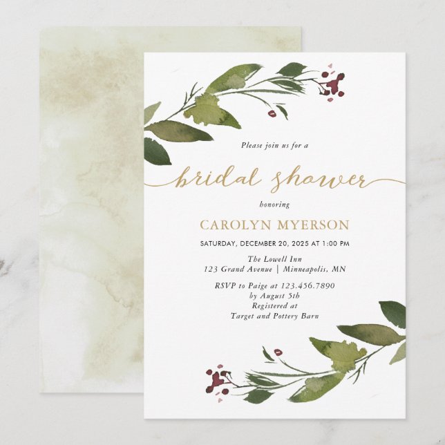 Watercolor Christmas Foliage Bridal Shower Invitation (Front/Back)
