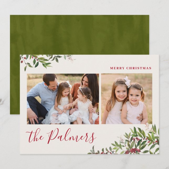Watercolor Christmas Foliage Family Signature Holi Holiday Card (Front/Back)