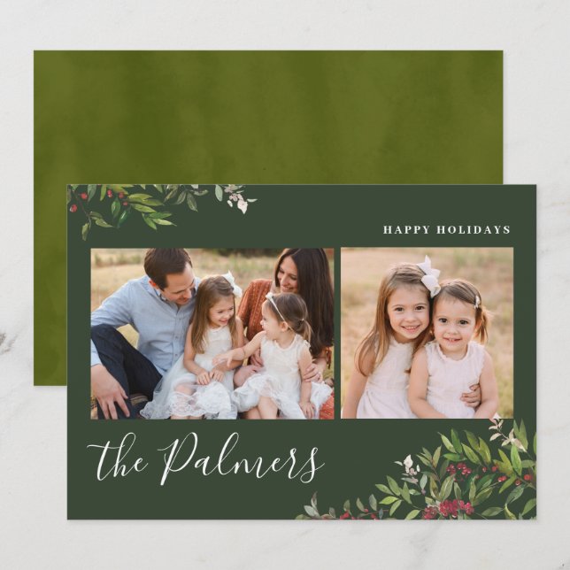 Watercolor Christmas Foliage Family Signature Holiday Card (Front/Back)