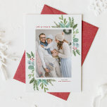 Watercolor Christmas Foliage Frame Photo Holiday Card<br><div class="desc">Happy holidays! Send holiday wishes to family and friends with this greenery holiday flat card. It features watercolor illustration of hollies,  pine needles and eucalyptus and evergreen with classic typography. Personalise by featuring your favourite photo and adding names and message. Matching items are available.</div>