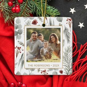 Watercolor Christmas Foliage Gold Typography Photo Ceramic Ornament