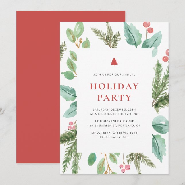 Watercolor Christmas Foliage Holiday Party Invitation (Front/Back)
