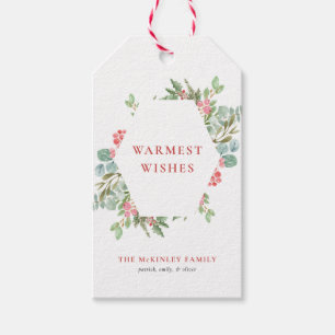 Watercolor Christmas Foliage & Holly Hexagon Frame Gift Tags