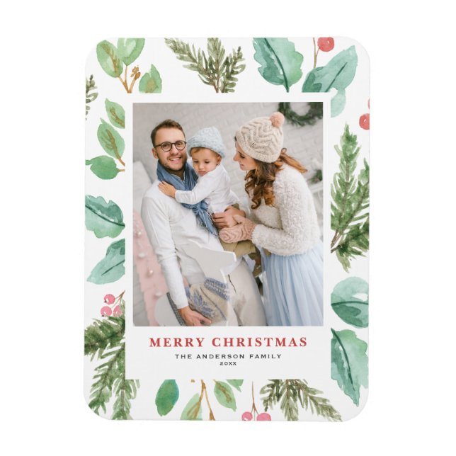 Watercolor Christmas Foliage Holly Holiday Photo Magnet (Vertical)