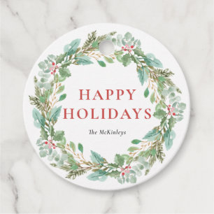 Watercolor Christmas Foliage & Holly Wreath Favour Tags