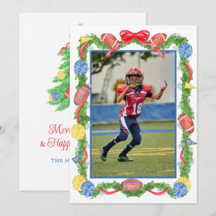 Watercolor Christmas Football Garland & Tree Photo Holiday Card