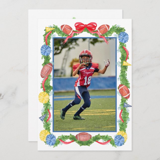 Watercolor Christmas Football Garland & Tree Photo Holiday Card (Front/Back)