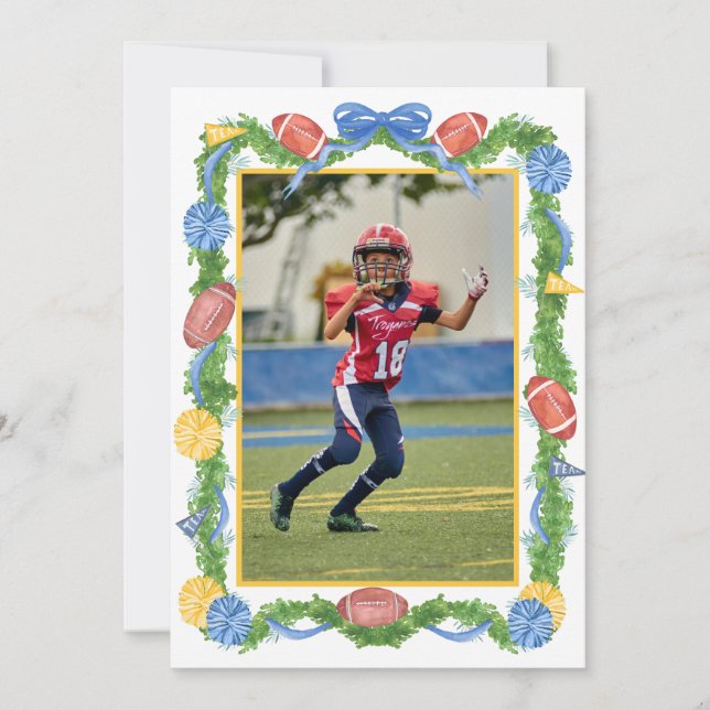 Watercolor Christmas Football Garland & Tree Photo Holiday Card (Front)