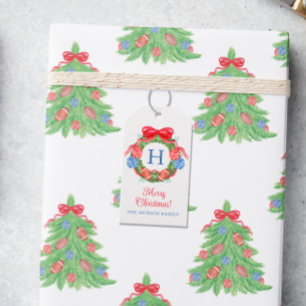 Watercolor Christmas Football Monogram Wreath Gift Tags