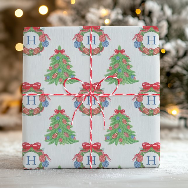 Watercolor Christmas Football Monogram Wreath Tree Wrapping Paper (Creator Uploaded)