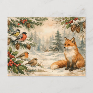 Watercolor Christmas Forest Birds and Fox Postcard