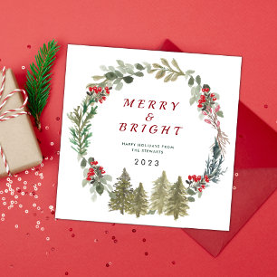 Watercolor Christmas Forest Merry and Bright Holiday Card
