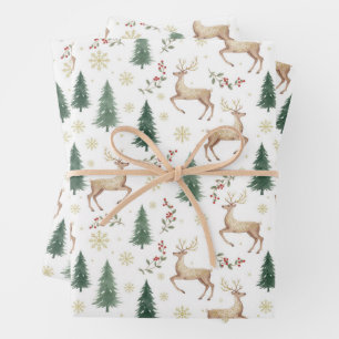 Watercolor Christmas Forest, Reindeer, Berries Wrapping Paper Sheet