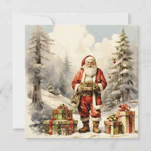 Watercolor Christmas Forest Santa with Presents Holiday Card