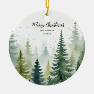 Watercolor Christmas Forest Trees Snowy Evergreen Ceramic Tree Decoration
