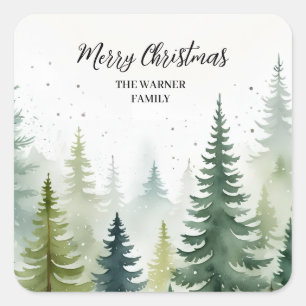 Watercolor Christmas Forest Trees Snowy Winter Square Sticker