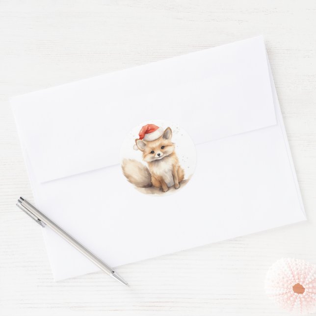 Watercolor Christmas Fox On White Classic Round Sticker (Envelope)