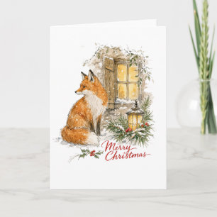 Watercolor Christmas Fox with Lantern Card