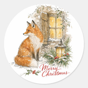 Watercolor Christmas Fox with Lantern Classic Round Sticker