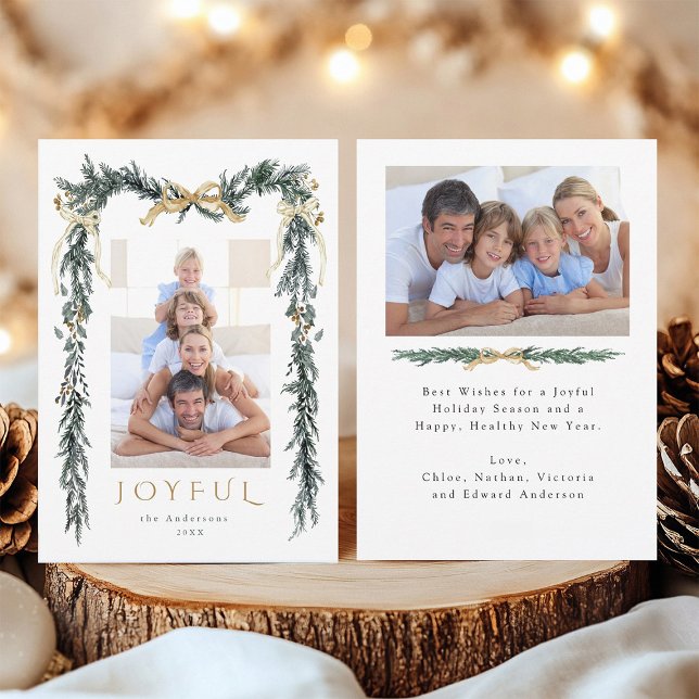 Watercolor Christmas Frame 2 Photo Gold Joyful Holiday Card (Front & Back)