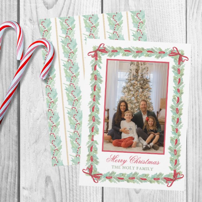 Watercolor Christmas Garland, Bows & Candy Photo Holiday Card (Creator Uploaded)