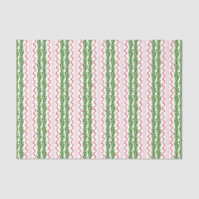 Watercolor Christmas Garland & Red Ribbon Stripes Tissue Paper (Front)