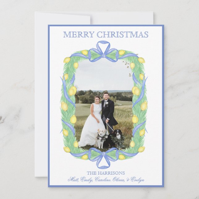 Watercolor Christmas Garland Stocking One Photo Holiday Card (Front)