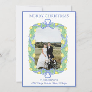 Watercolor Christmas Garland Stocking One Photo Holiday Card