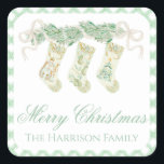 Watercolor Christmas Garland Stockings Vintage Square Sticker<br><div class="desc">Watercolor Christmas Garland Stockings Green Vintage Square Sticker.
This beautiful Christmas Sticker features watercolor Christmas garland with white bows and Bedford stockings. It is perfect if you are looking for classic,  southern,  grandmillenial Christmas stickers.
Message me for any need adjustments or matching items :)</div>