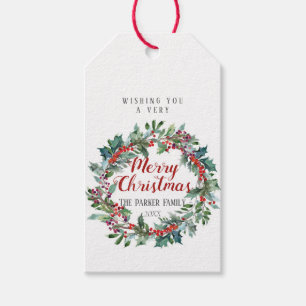 Watercolor Christmas gift tag Evergreen wreath