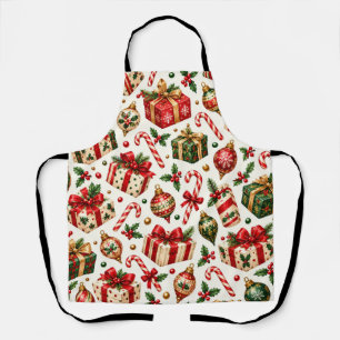 Watercolor Christmas Gifts and Ornaments Pattern Apron