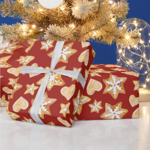 Watercolor Christmas Gingerbread Cookies Red Wrapping Paper