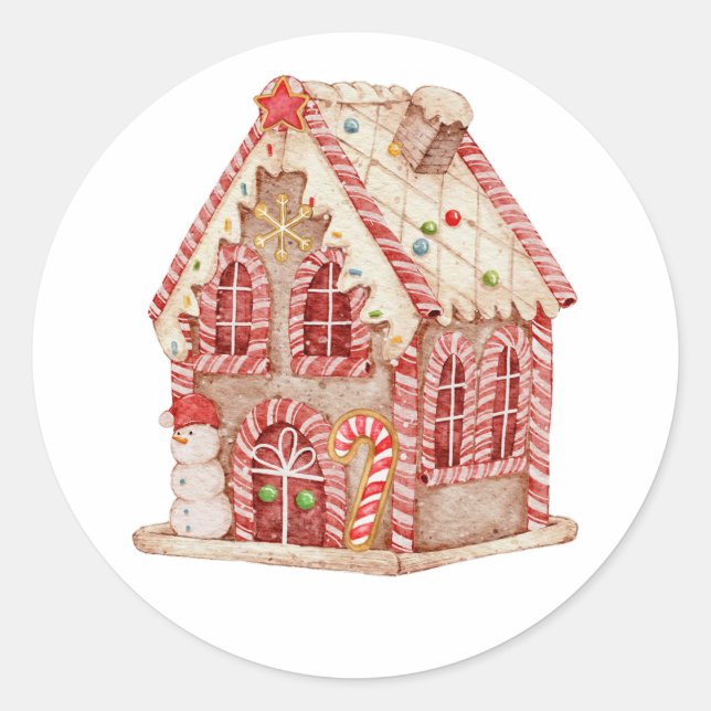 Watercolor Christmas Gingerbread House  Classic Round Sticker (Front)