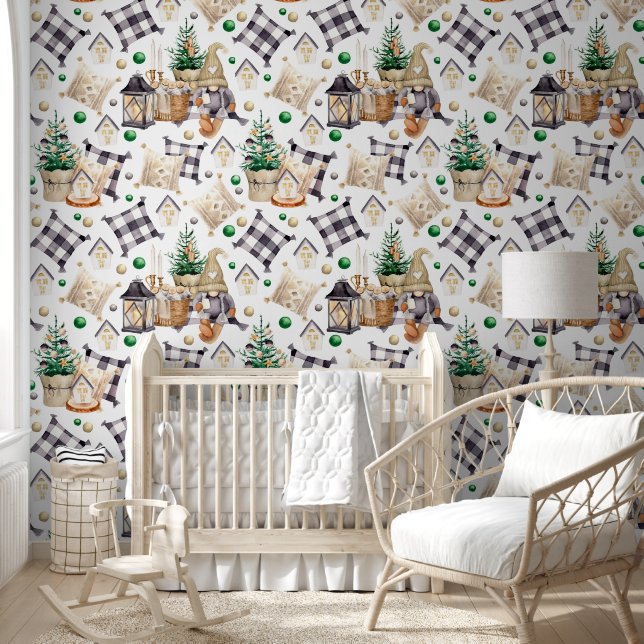 Watercolor Christmas Gnomes Black White Gold  Wallpaper (Kids)