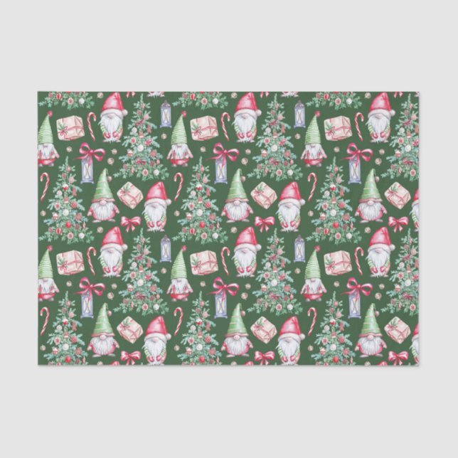 Watercolor Christmas Gnomes, Christmas Trees  Tissue Paper (Front)