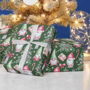 Watercolor Christmas Gnomes, Christmas Trees Wrapping Paper