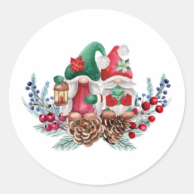 Watercolor Christmas Gnomes  Classic Round Sticker (Front)