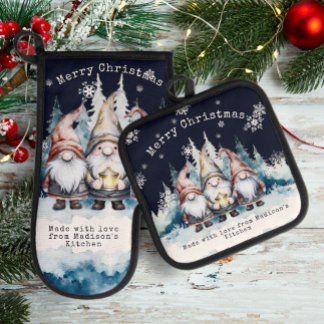Watercolor Christmas Gnomes Personalised Oven Mitt & Pot Holder Set