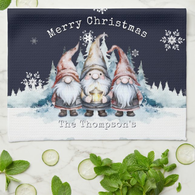 Watercolor Christmas Gnomes Personalised Tea Towel (Folded)
