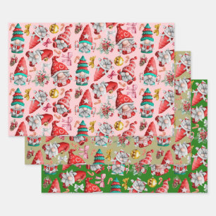 Watercolor Christmas Gnomes Pink, Gold, Green Wrapping Paper Sheet