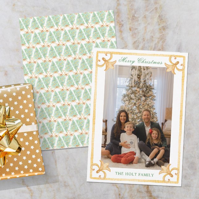 Watercolor Christmas Gold Grandmillennial Photo Holiday Card (Creator Uploaded)
