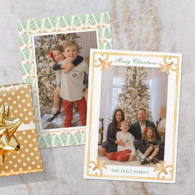 Watercolor Christmas Gold Grandmillennial Photo Holiday Card (Creator Uploaded)