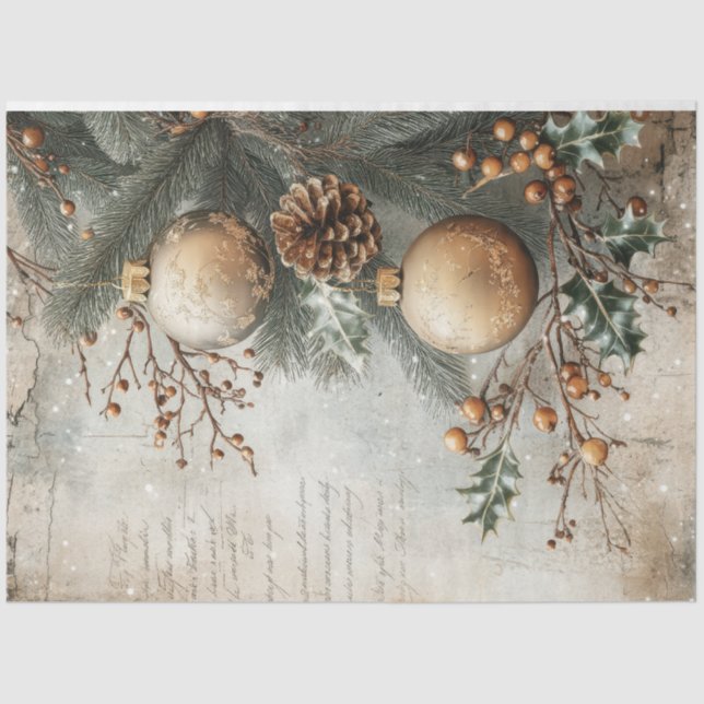 Watercolor Christmas gold ornament holly berry Tissue Paper (Front)