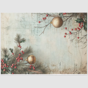 Watercolor Christmas gold ornament holly berry Tissue Paper
