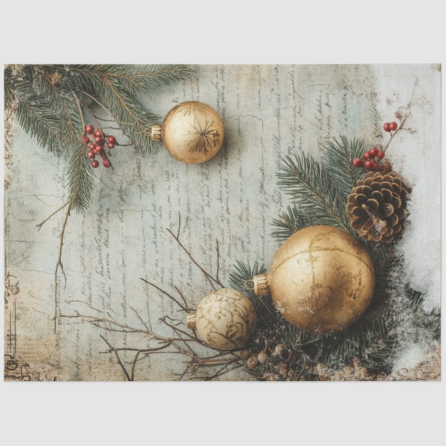 Watercolor Christmas gold ornament holly berry Tissue Paper (Front)