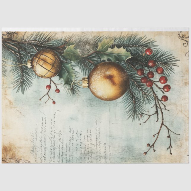 Watercolor Christmas gold ornament holly berry Tissue Paper (Front)