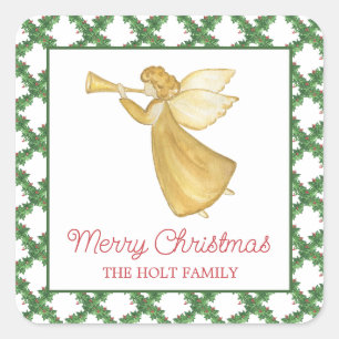 Watercolor Christmas Golden Angel Gift Enclosure Square Sticker